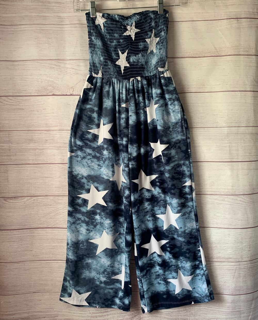 J for Justify Juniors Blue White Star Jumpsuit Wide Leg Strapless Size M